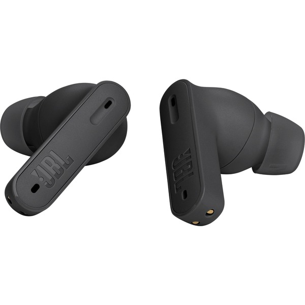 Dos auriculares inalámbricos JBL negros, cada uno con el logotipo de JBL, sobre un fondo oscuro.