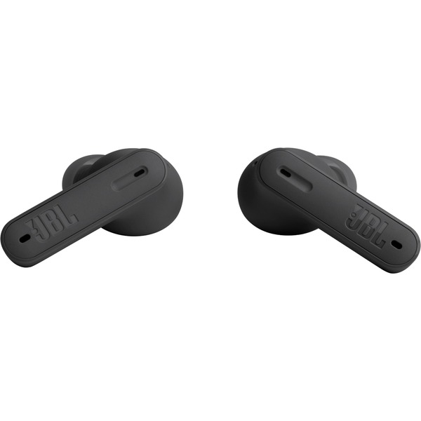Dos auriculares inalámbricos JBL negros sobre un fondo blanco. El logo de JBL es visible.