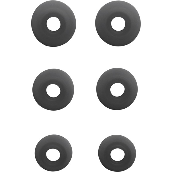 Seis puntas de auriculares circulares grises sobre fondo blanco.