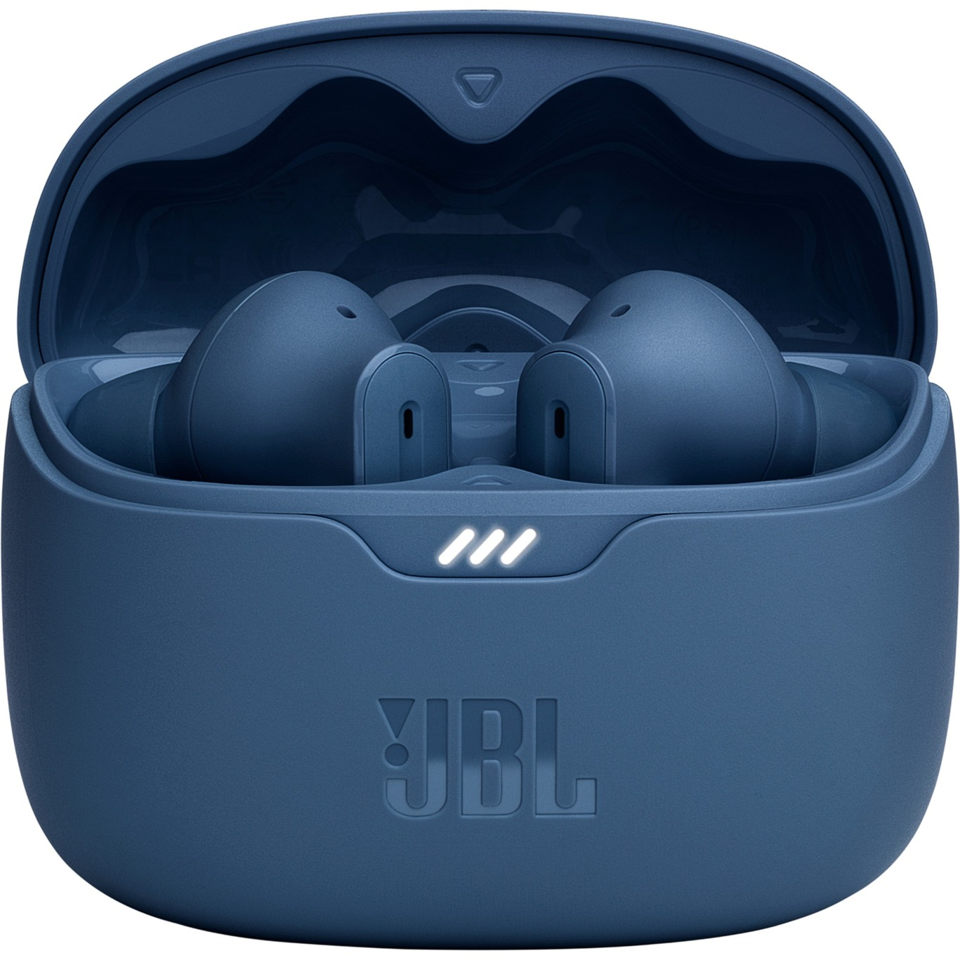 Auriculares inalámbricos JBL azules en un estuche de carga azul. El estuche está cerrado, con tres luces LED blancas.
