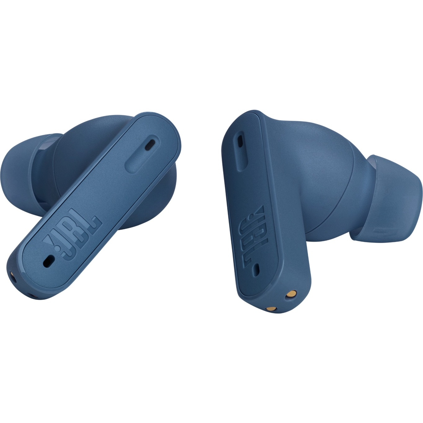 Dos auriculares JBL azules, angulados y colocados sobre un fondo blanco.