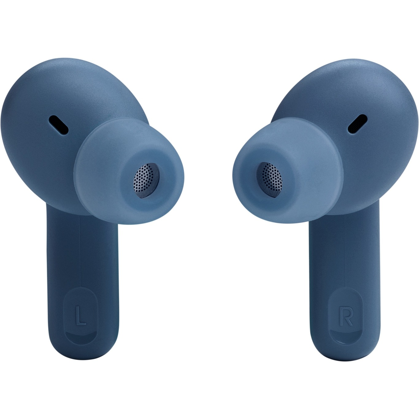 Auriculares azules. Dos auriculares azules, con las letras L y R, primer plano sobre fondo blanco.