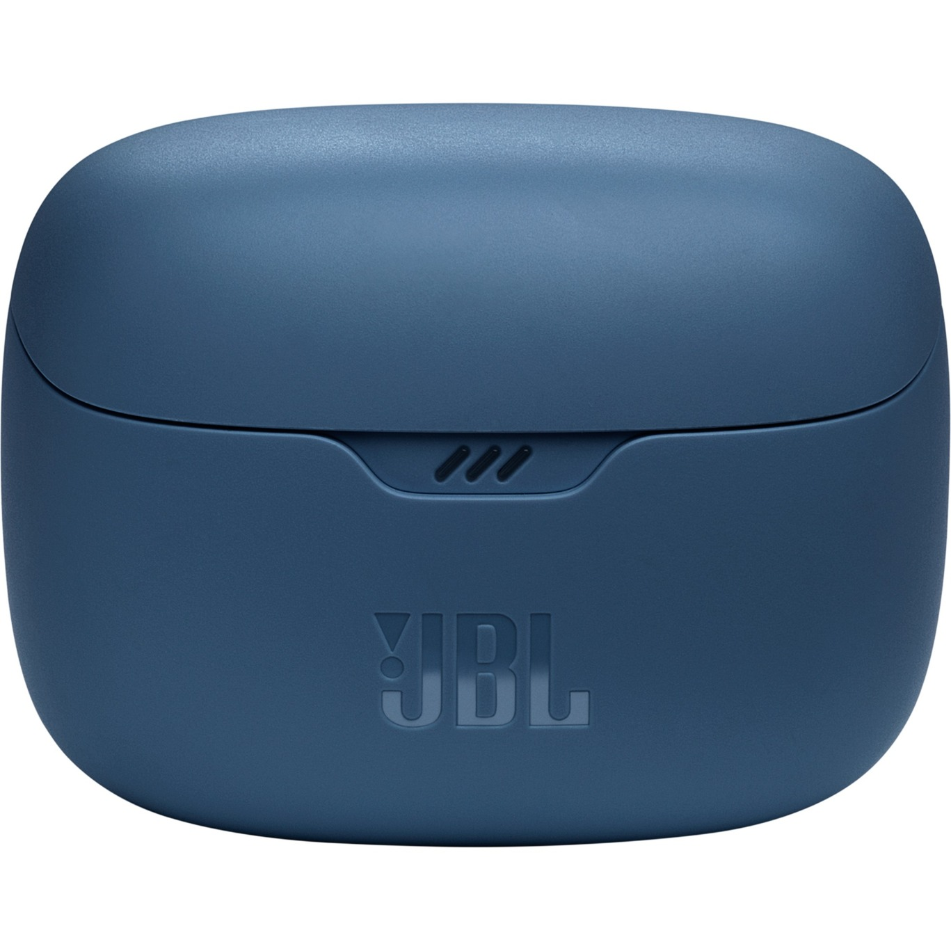 Estuche azul cerrado para auriculares JBL.
