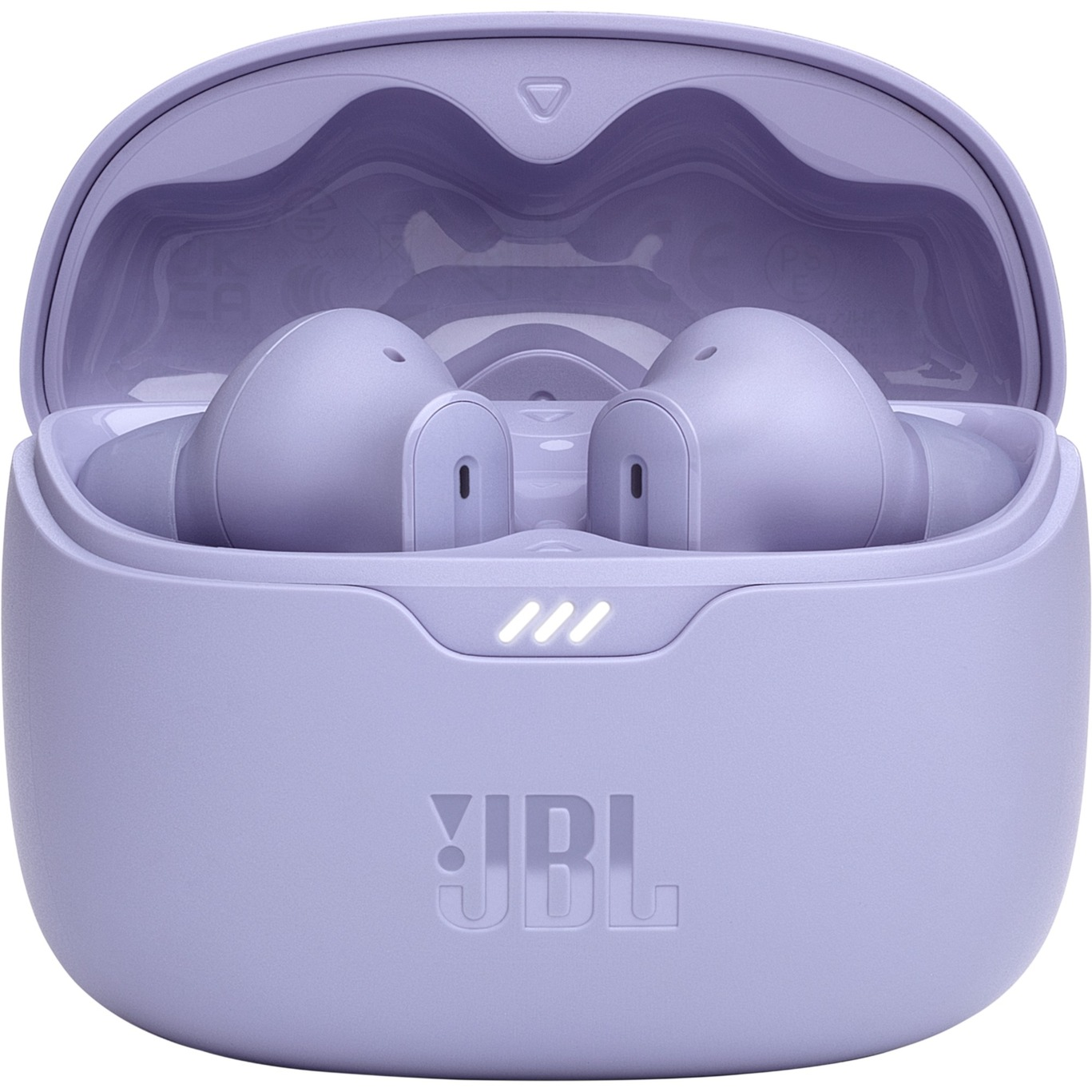 Auriculares JBL morados en su estuche de carga. El estuche está abierto.