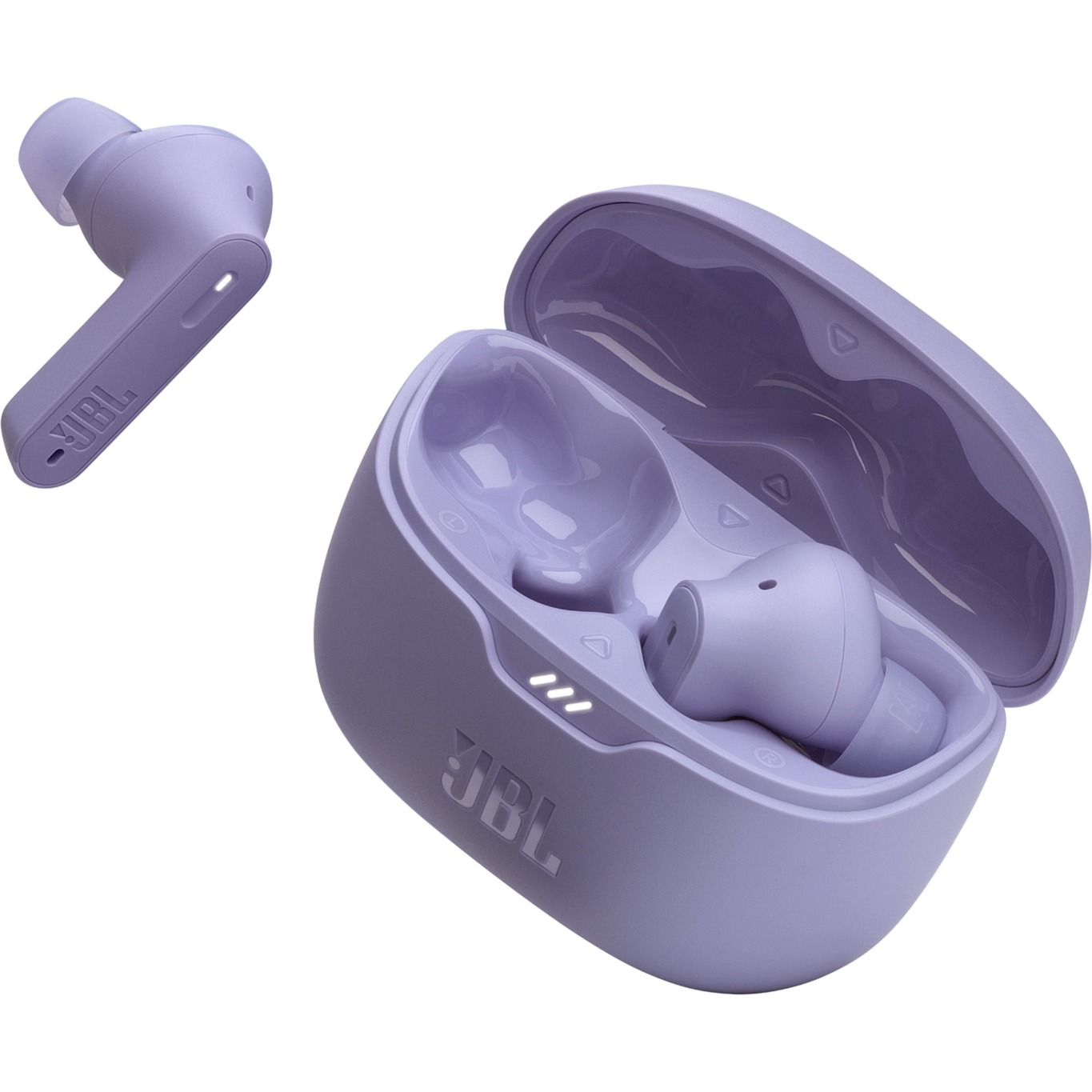 Auriculares inalámbricos morados en un estuche de carga, un auricular por separado.