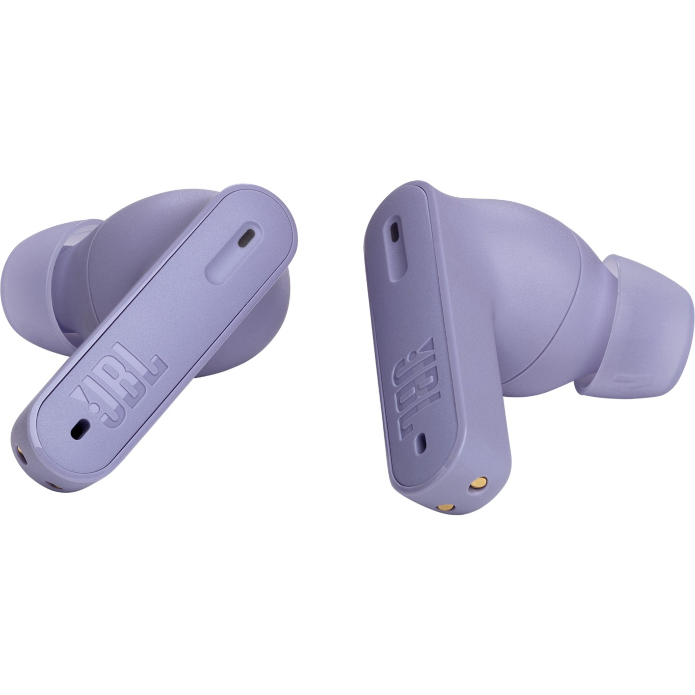 Dos auriculares inalámbricos morados con el logotipo de JBL, vista en ángulo.