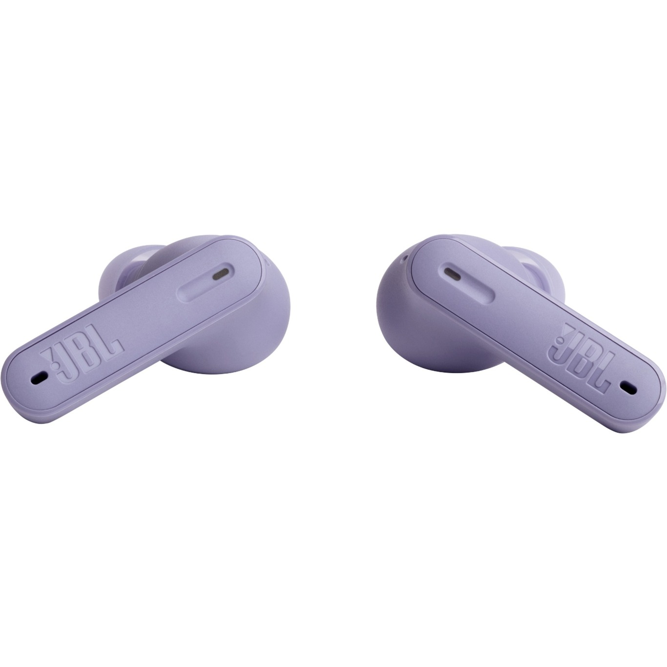 Dos auriculares JBL lavanda, en ángulo y aislados sobre fondo blanco.