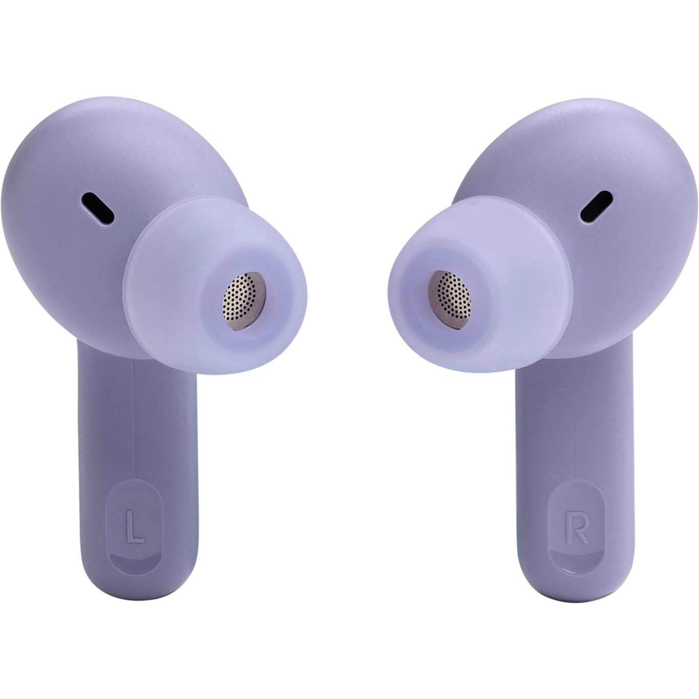 Dos pares de auriculares inalámbricos morados. El izquierdo muestra la letra 'L', el derecho 'R'.