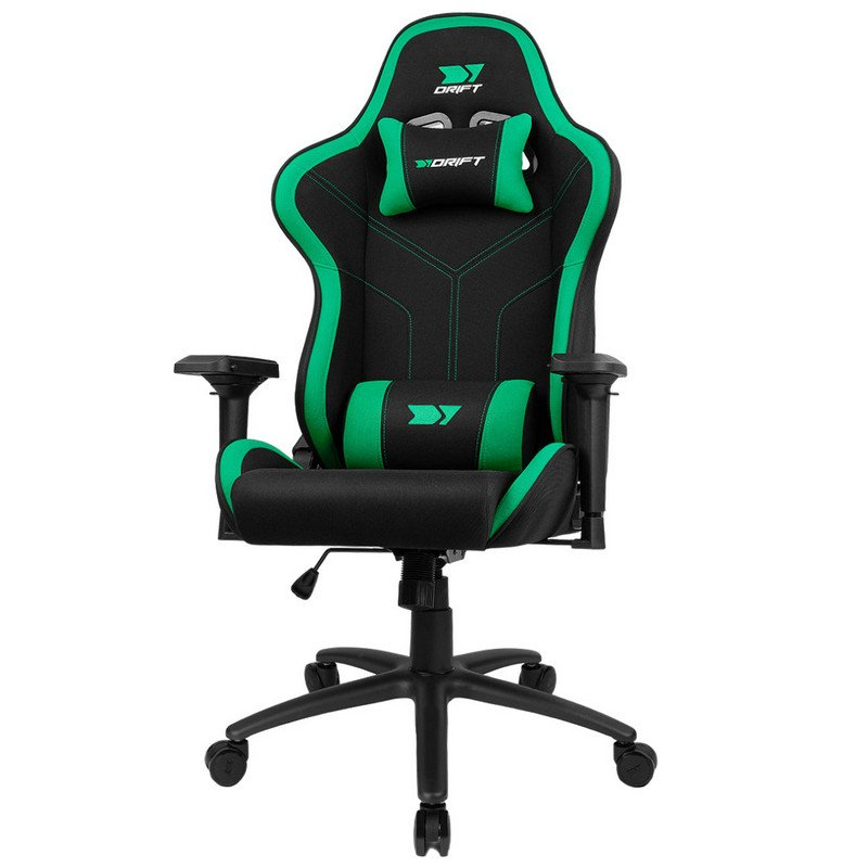 Silla gamer con detalles en negro y verde, con reposacabezas y soporte lumbar.