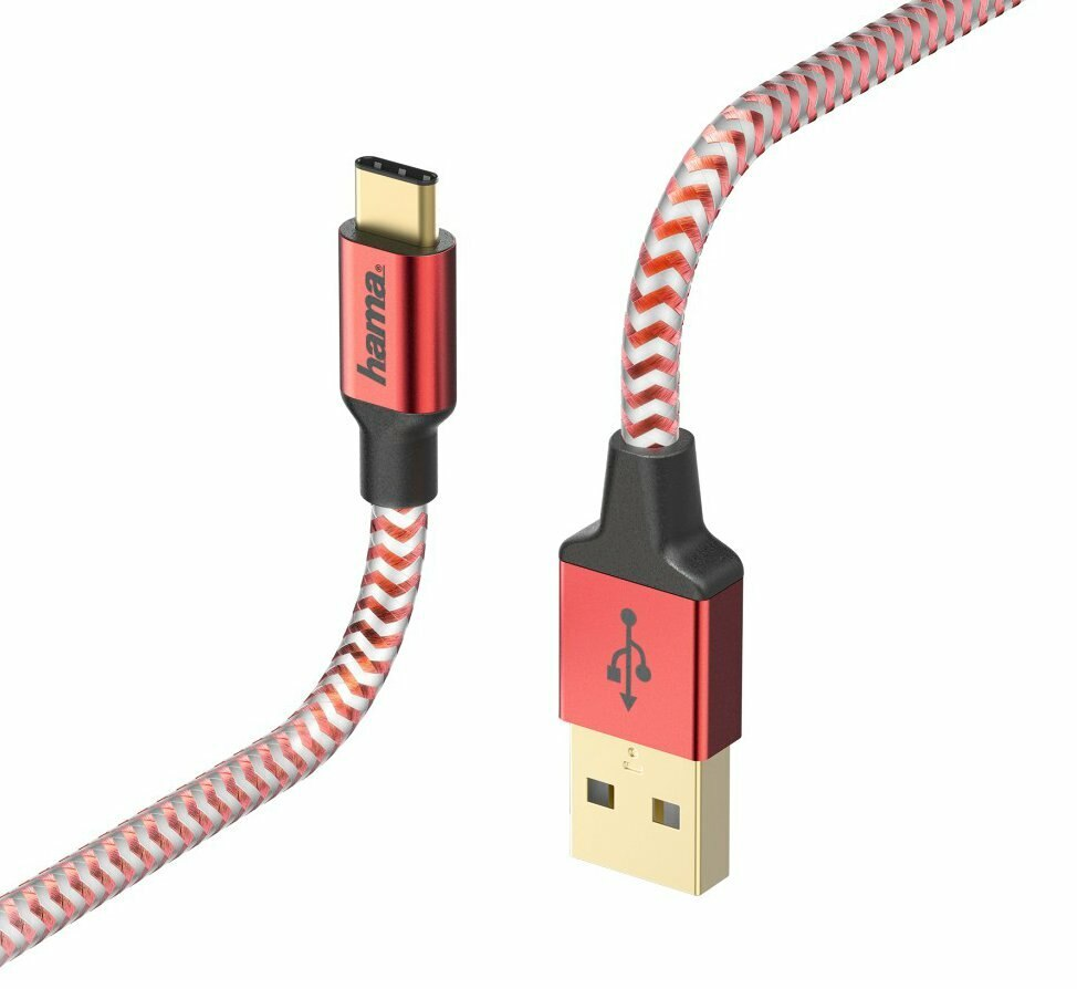 Czerwony i biały kabel USB-C z końcówką USB. Końcówki są czerwone z czarnymi i złotymi detalami.