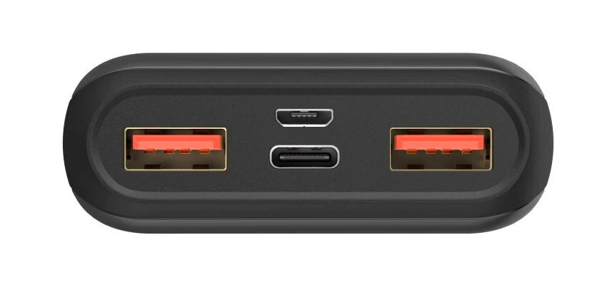 Czarny power bank z dwoma pomarańczowymi portami USB i dwoma portami wejściowymi. Micro i USB-C.