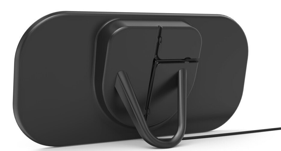 Czarne urządzenie, prawdopodobnie ładowarka, z zakrzywioną podstawką. Widok z tyłu.