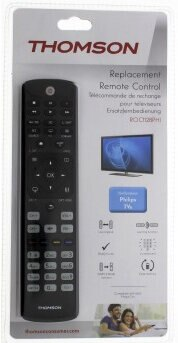 Czarny pilot Thomson w opakowaniu ze zdjęciem telewizora Philips i instrukcjami.