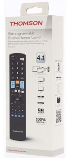 Białe pudełko z pilotem i diagramem. Marka to THOMSON.