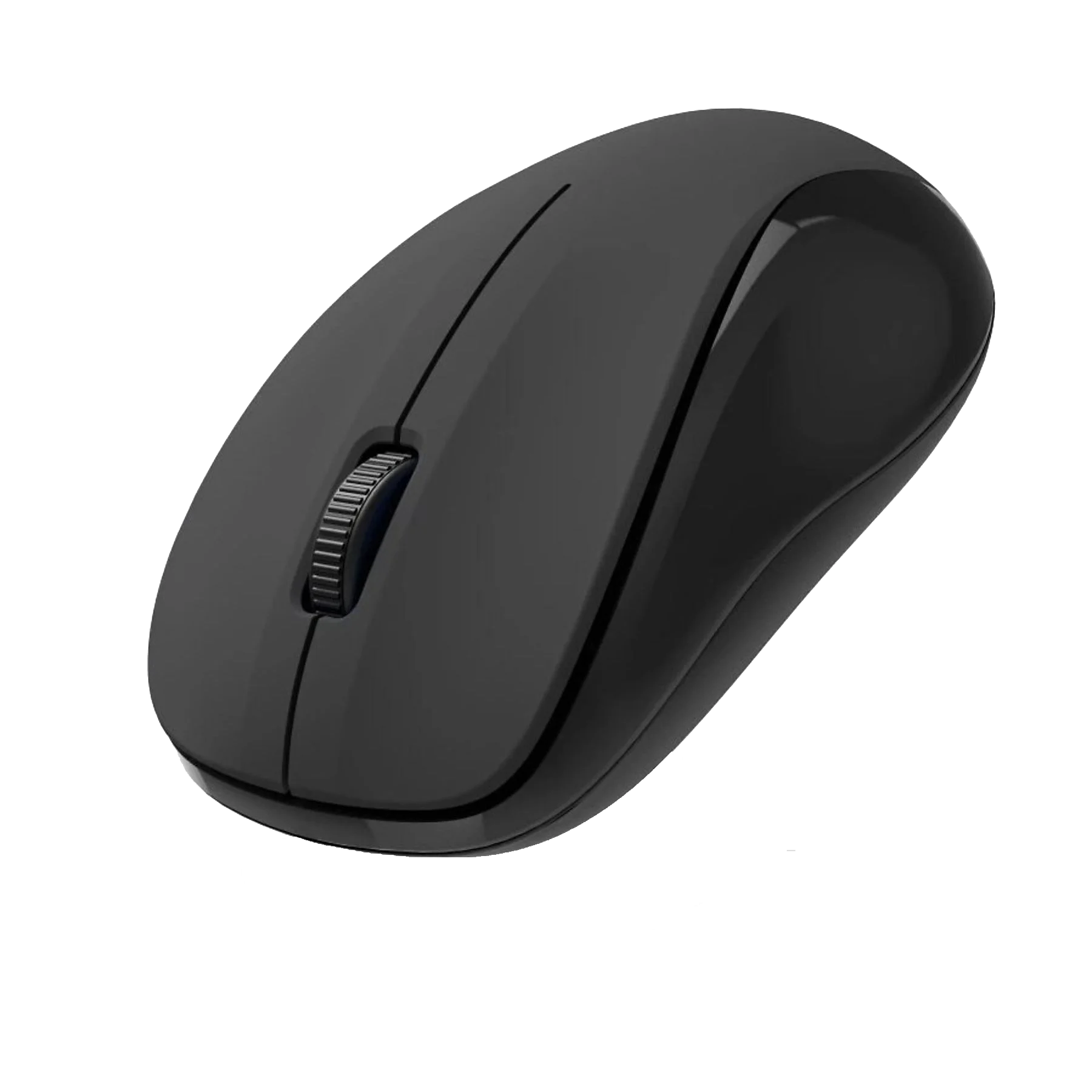 Czarna bezprzewodowa mysz komputerowa na białym tle. Ma kółko przewijania i dwa przyciski.