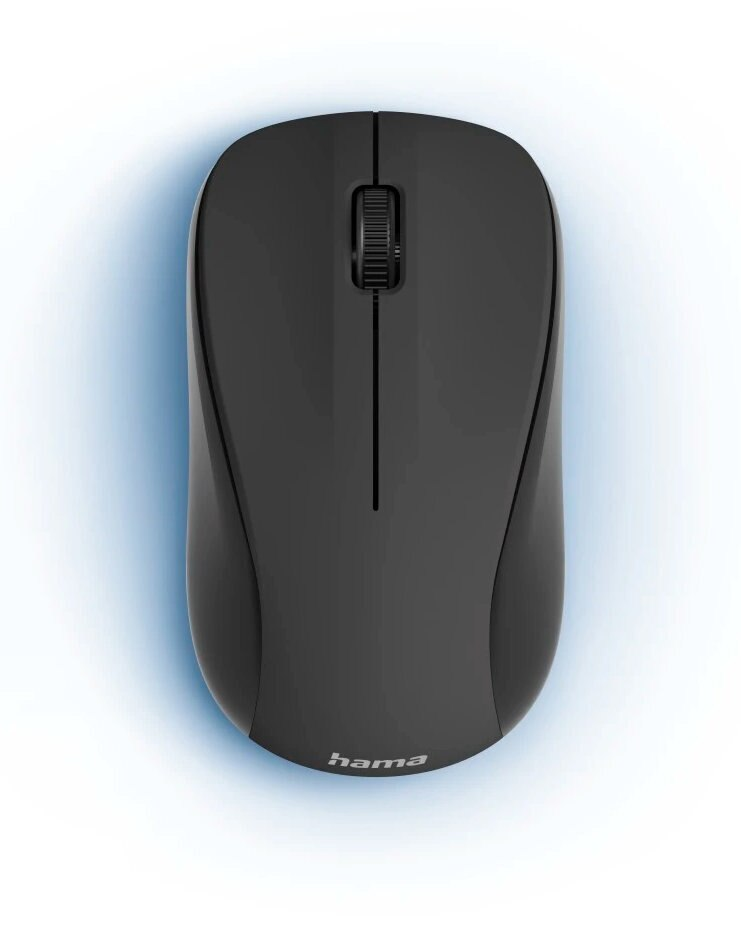 Czarna mysz komputerowa. Widok z góry. Marka Hama.