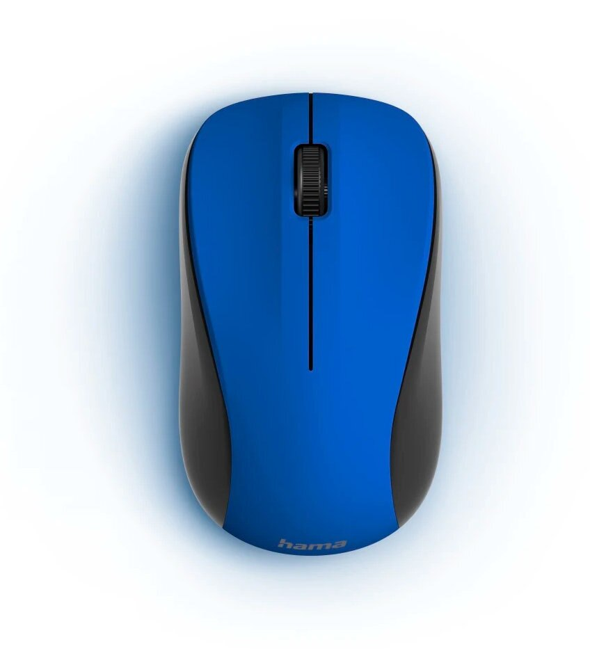 Niebiesko-czarna mysz komputerowa z kółkiem przewijania. Białe tło.