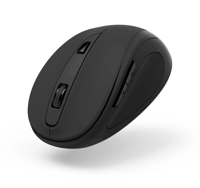 Czarna mysz komputerowa. Ma kółko przewijania i przyciski. Białe tło.