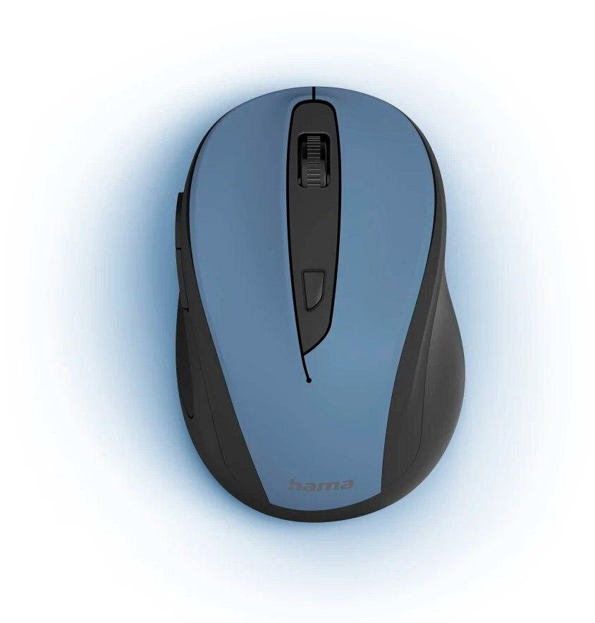 Niebiesko-czarna mysz komputerowa jest pokazana. Widoczna jest nazwa marki 'hama'.