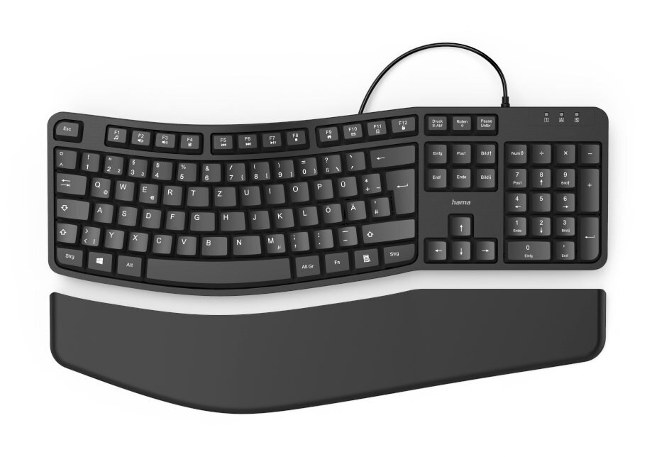 Czarna ergonomiczna klawiatura z podpórką pod nadgarstek. Klawiatura jest zakrzywiona ze standardowymi klawiszami.