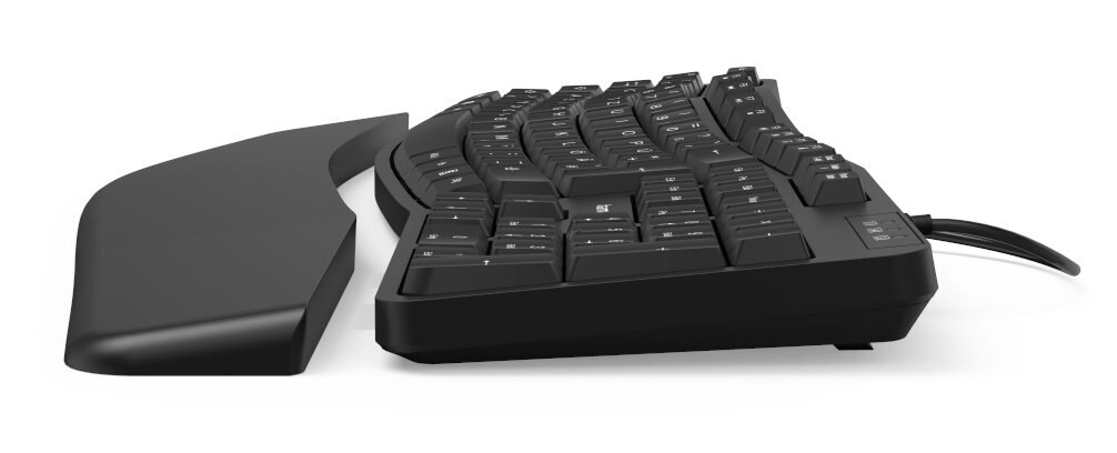 Czarna ergonomiczna klawiatura o zakrzywionym kształcie z podpórką na nadgarstek.