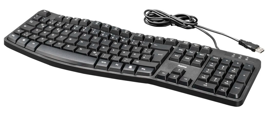 Czarna klawiatura z kablem USB; klawisze są opisane białymi literami.