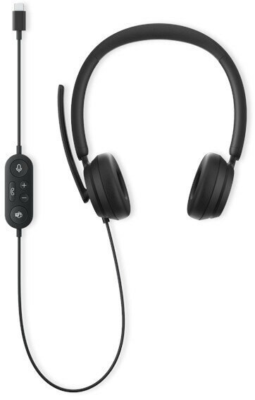 Czarny zestaw słuchawkowy z mikrofonem na wysięgniku i regulacją głośności na kablu.