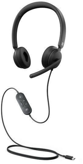 Czarny zestaw słuchawkowy Microsoft z mikrofonem i modułem sterowania na kablu.