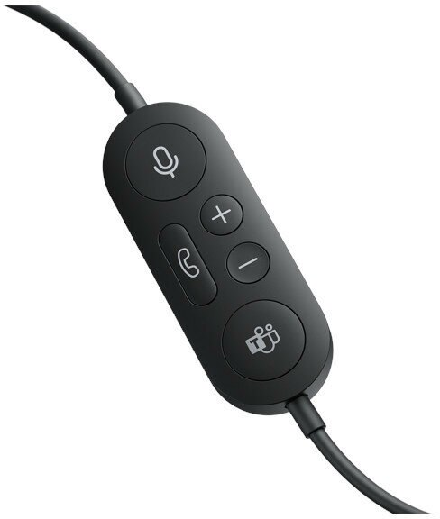 Czarny pilot liniowy z przyciskami do mikrofonu, połączenia, głośności i Teams.