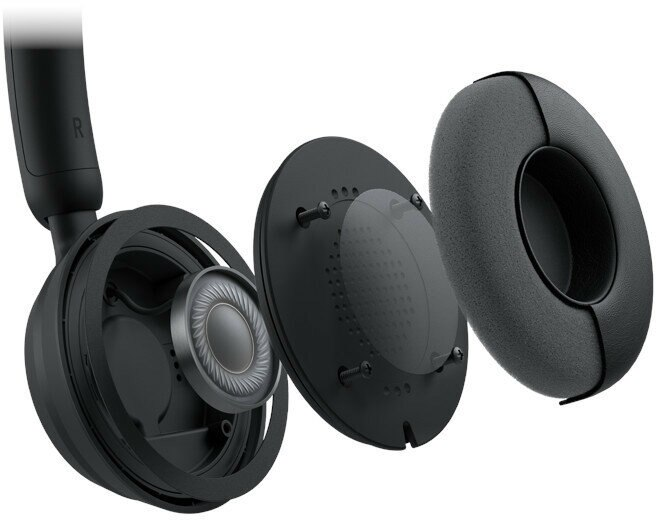 Elementy słuchawek: muszla, głośnik i poduszka piankowa, czarne. Częściowy widok rozstrzelony.