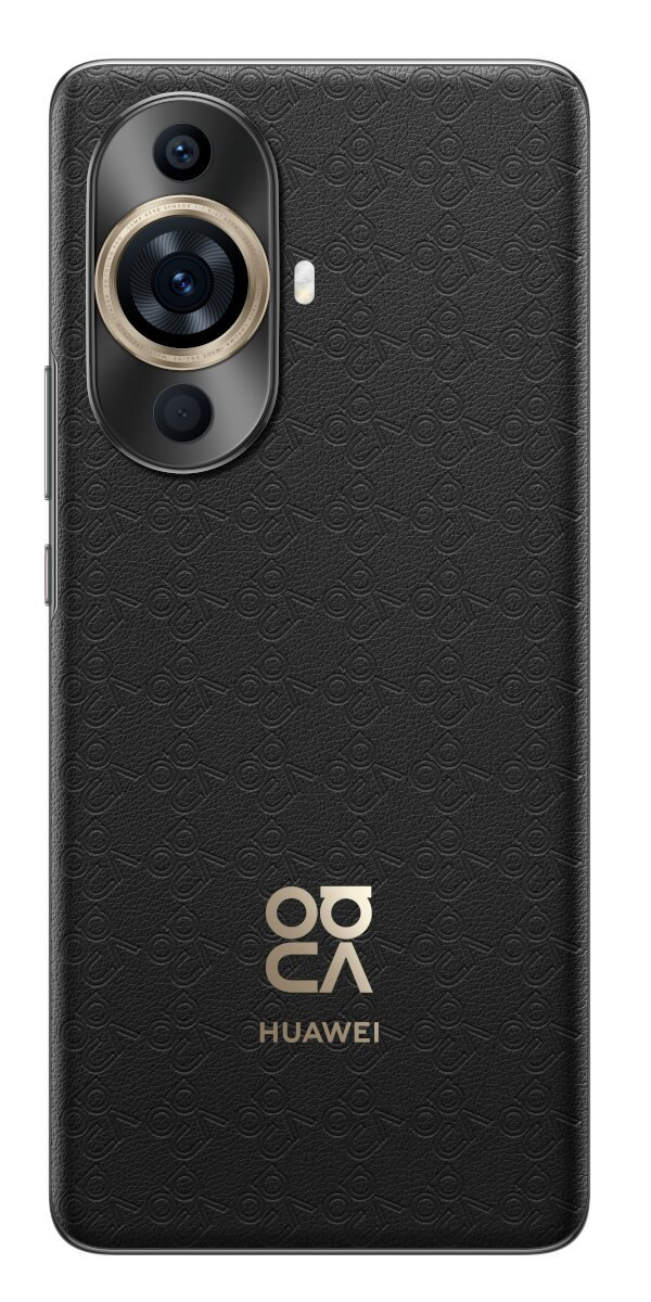 Czarny telefon z teksturowanym tyłem, aparatem i logo Huawei.