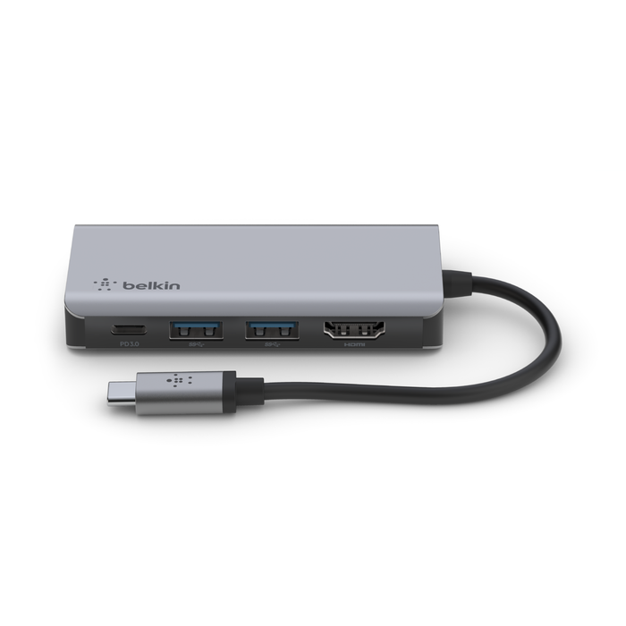 Belkin USB-C hub'ı. Gümüş ve siyahtır. HDMI, USB ve PD bağlantı noktaları.
