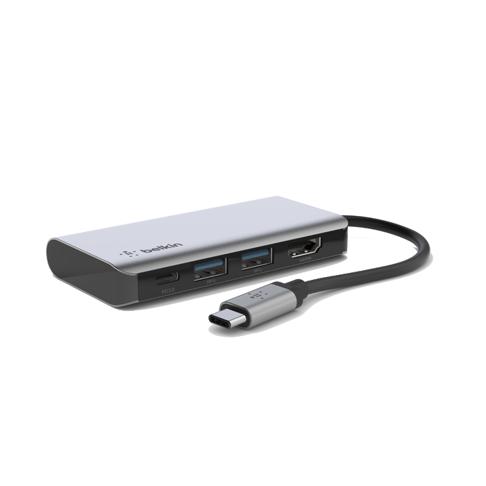 Çok portlu ve siyah kablolu gümüş Belkin USB-C hub.