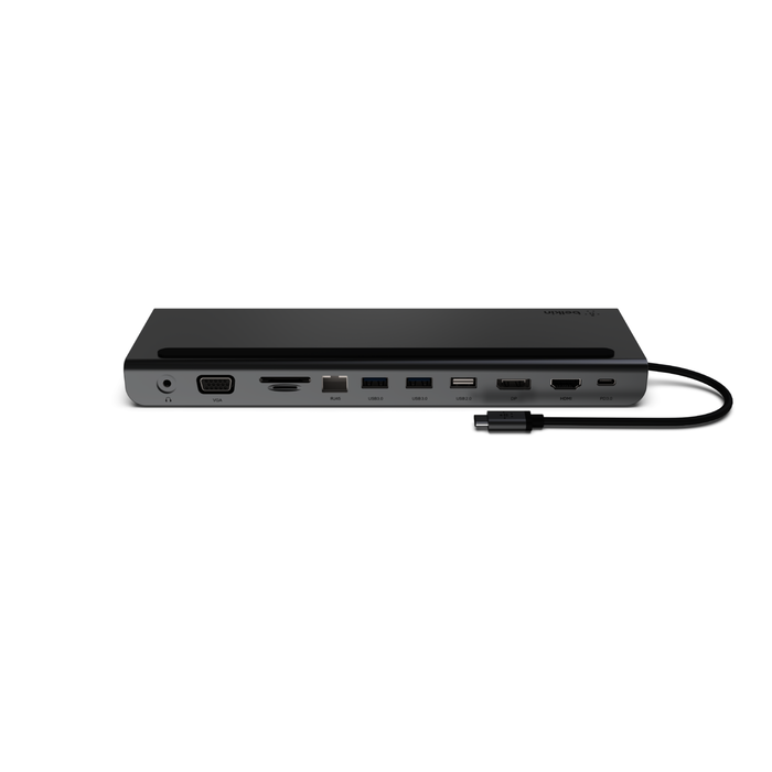 Siyah ve gümüş Belkin USB-C yerleştirme istasyonu. Çoklu bağlantı noktalarına ve siyah bir kabloya sahip.