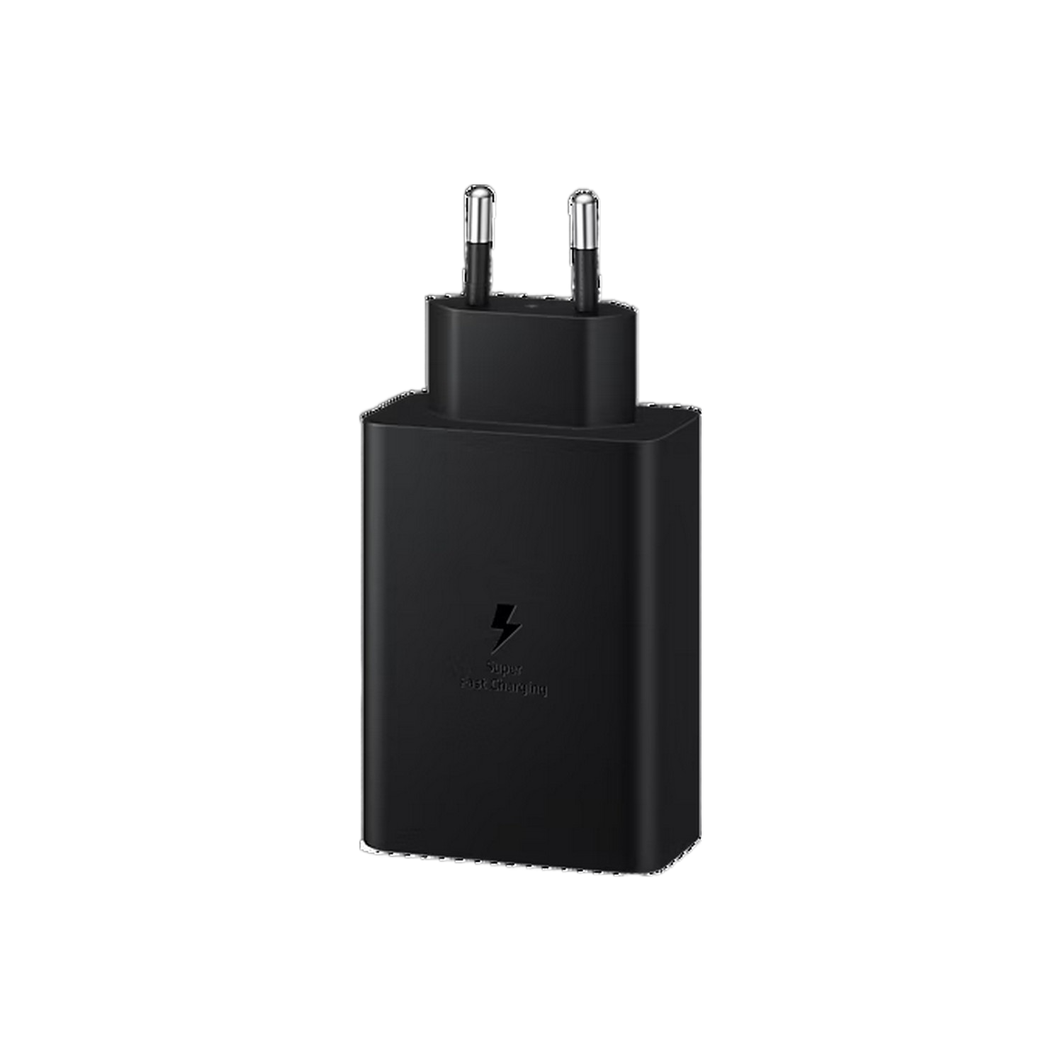 Black Samsung charger with two silver prongs, lightning symbol, on a black background.