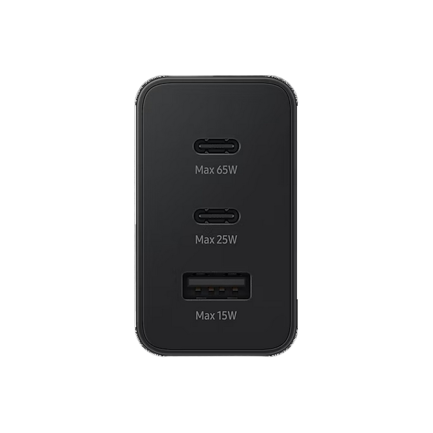 Black charger with three ports labeled Max 65W, 25W and 15W.