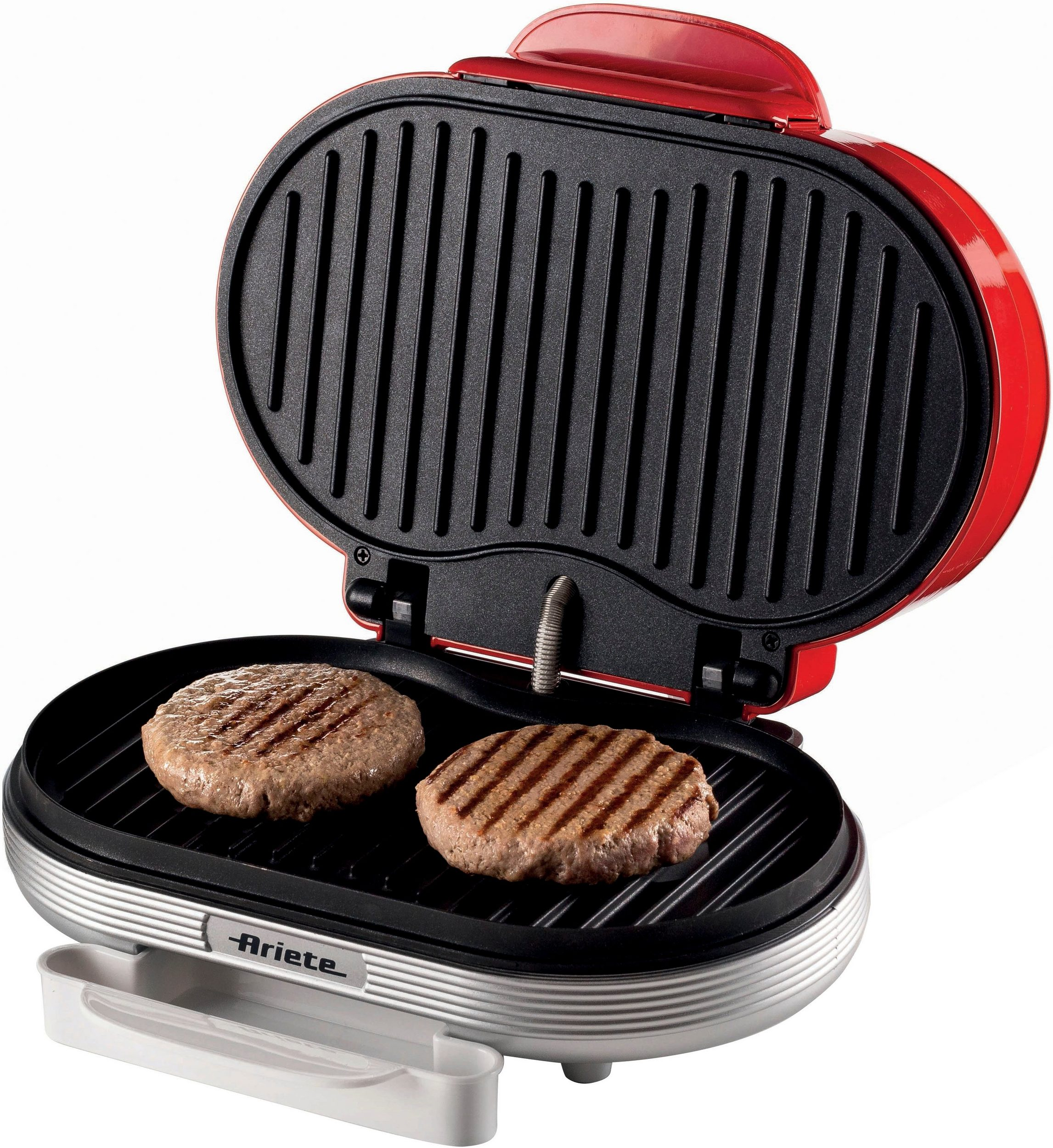 Griglia rossa aperta con due hamburger grigliati all'interno. Rifiniture argentate e manico bianco.
