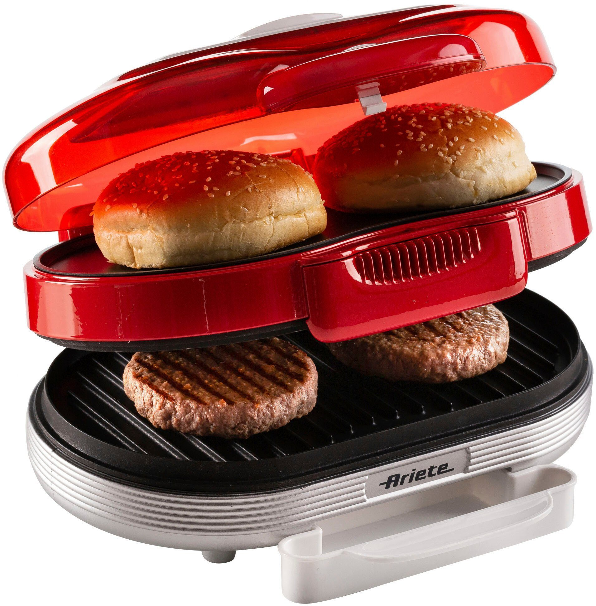 Un'apparecchiatura per hamburger rossa e argento con due panini per hamburger e due polpette.