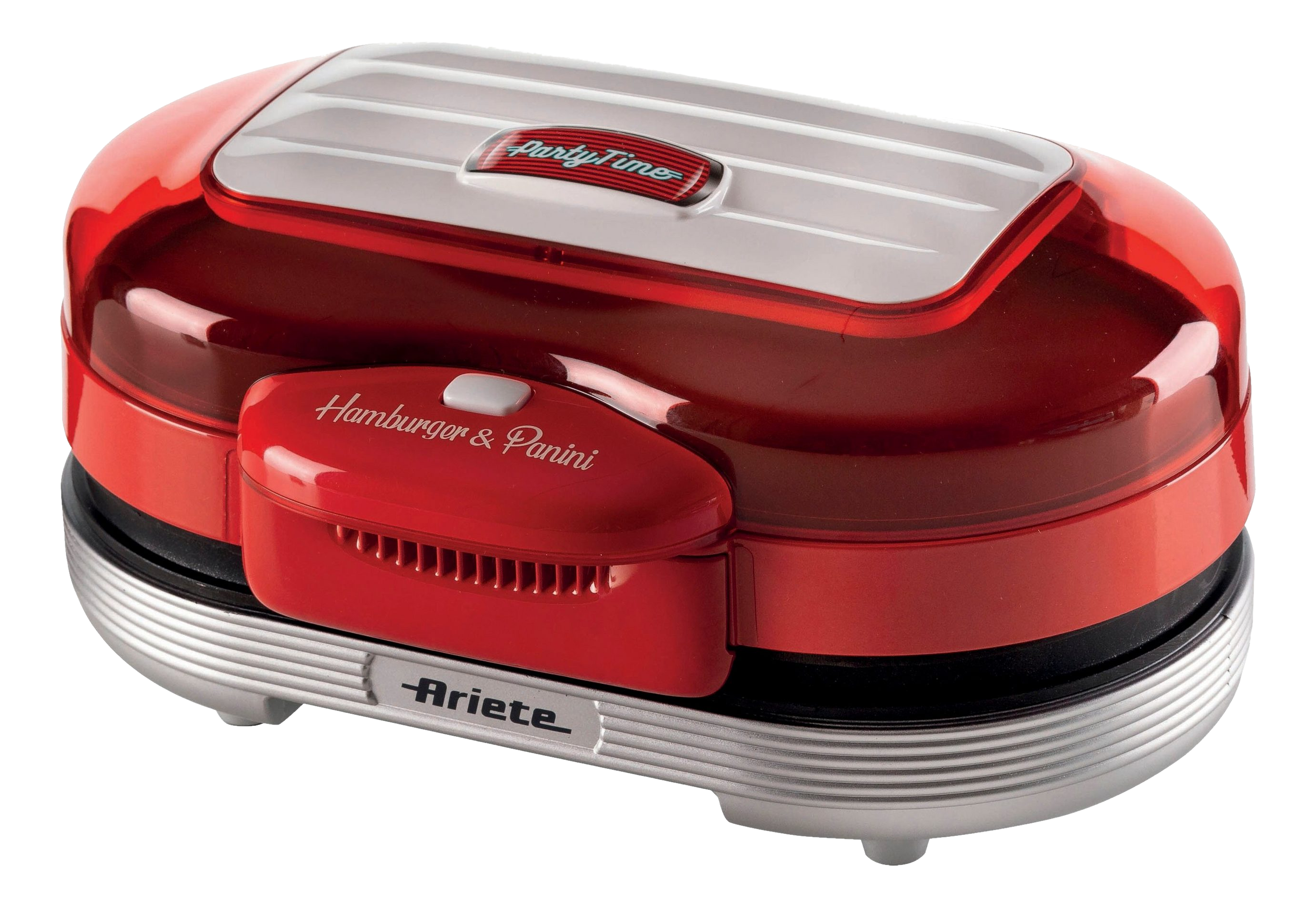 Macchina per panini e hamburger rossa e bianca. La macchina ha un coperchio e un pannello di controllo.