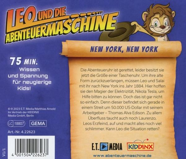 Rückseite eines Kinderbuchs mit Text und einem Cartoon-Löwen. Blauer Hintergrund.