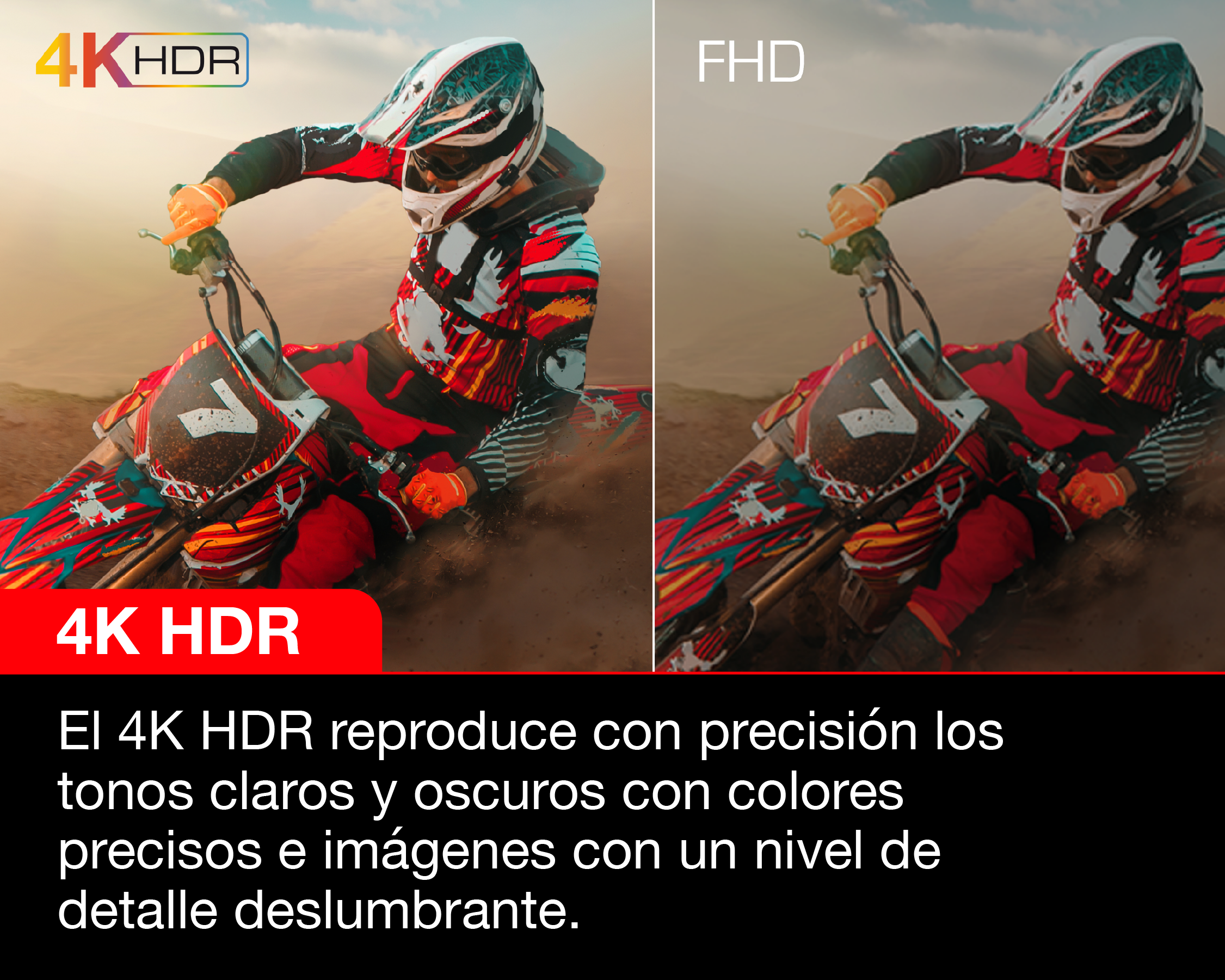 Un piloto de motocross en moto, con foco en la tecnología 4K HDR.