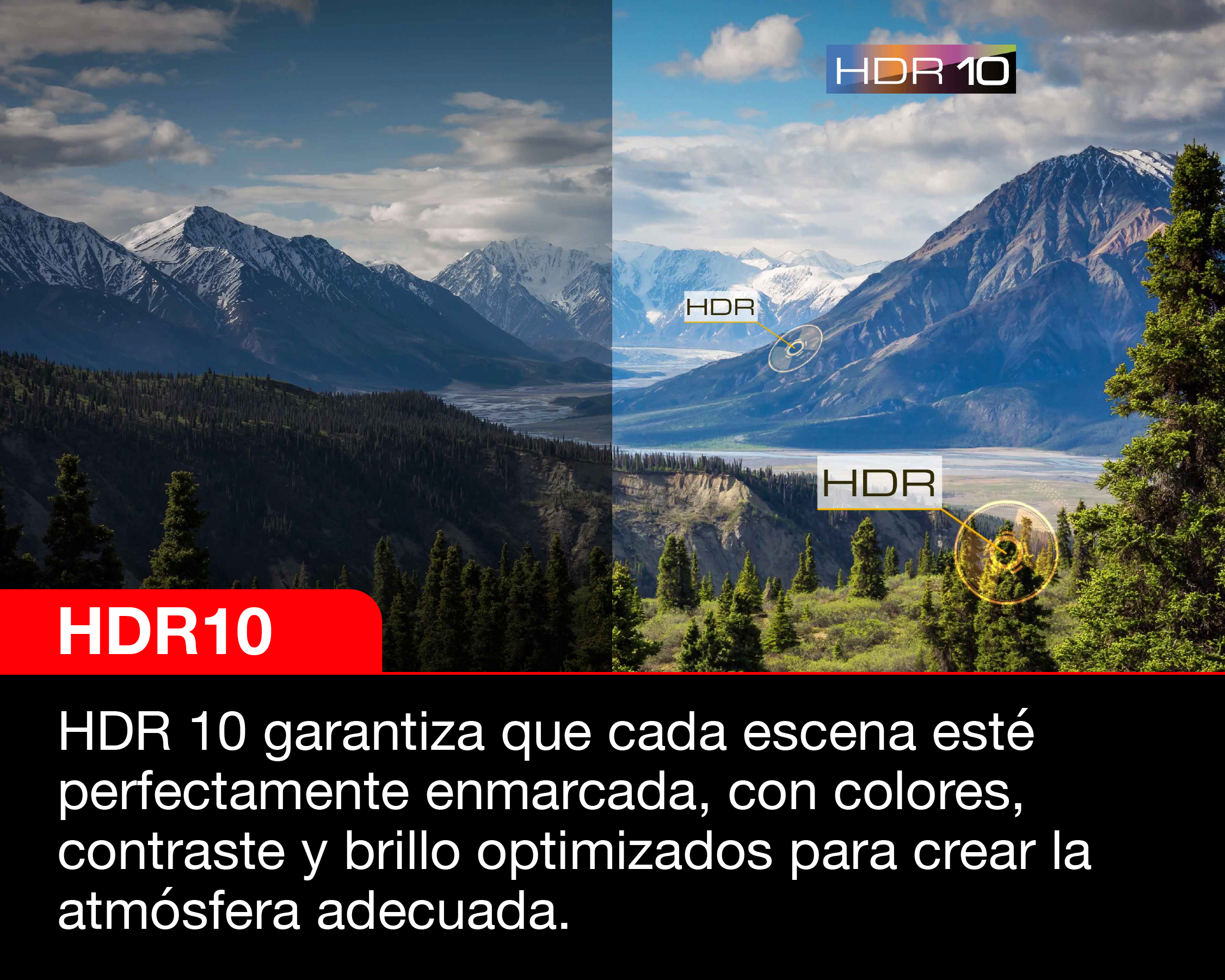 Texto HDR10 con imagen dividida comparando escenas de montañas. Izquierda oscura, derecha brillante.