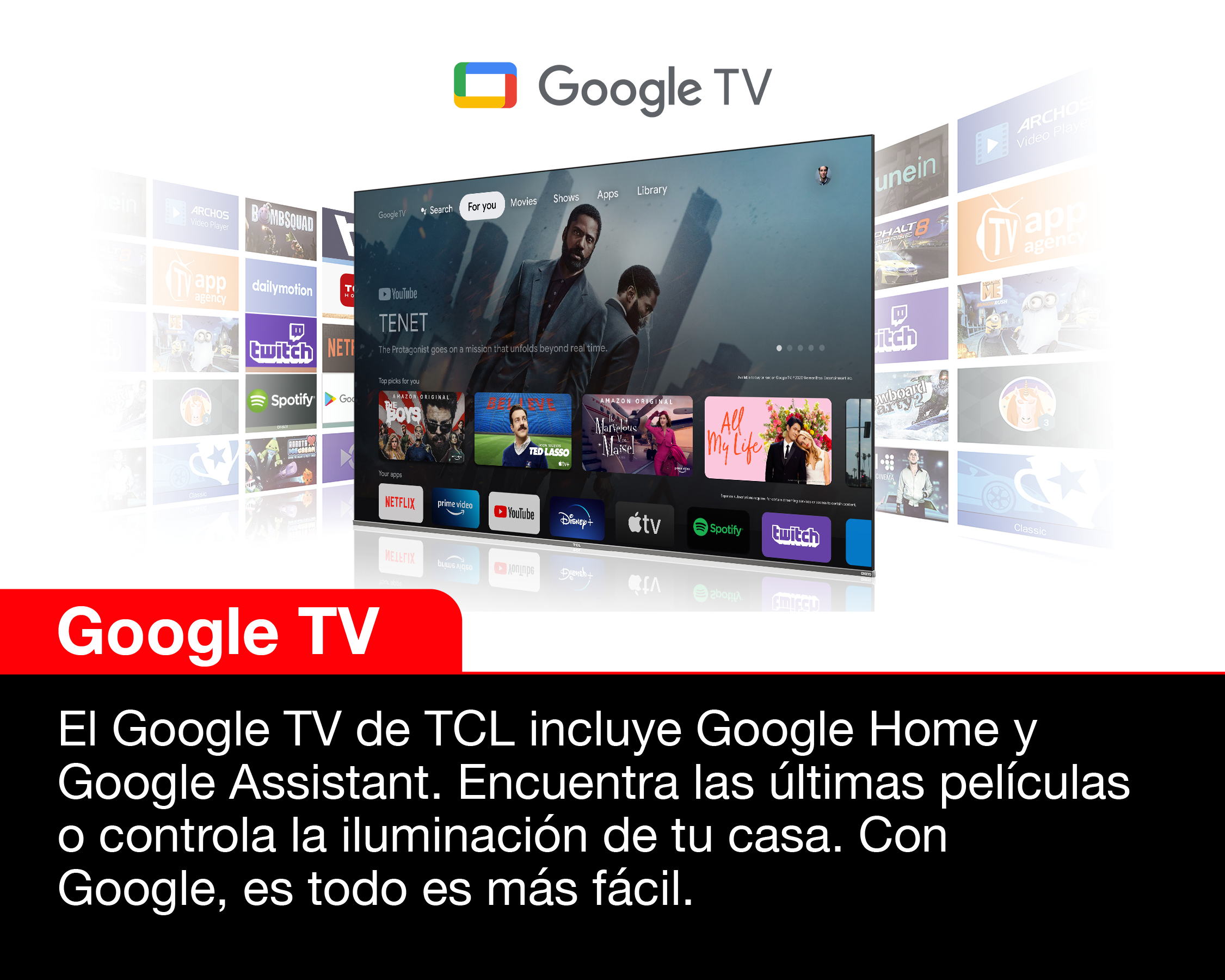 Una interfaz de Google TV en una pantalla de TV con iconos de aplicaciones de servicios de transmisión y un logotipo de Google.