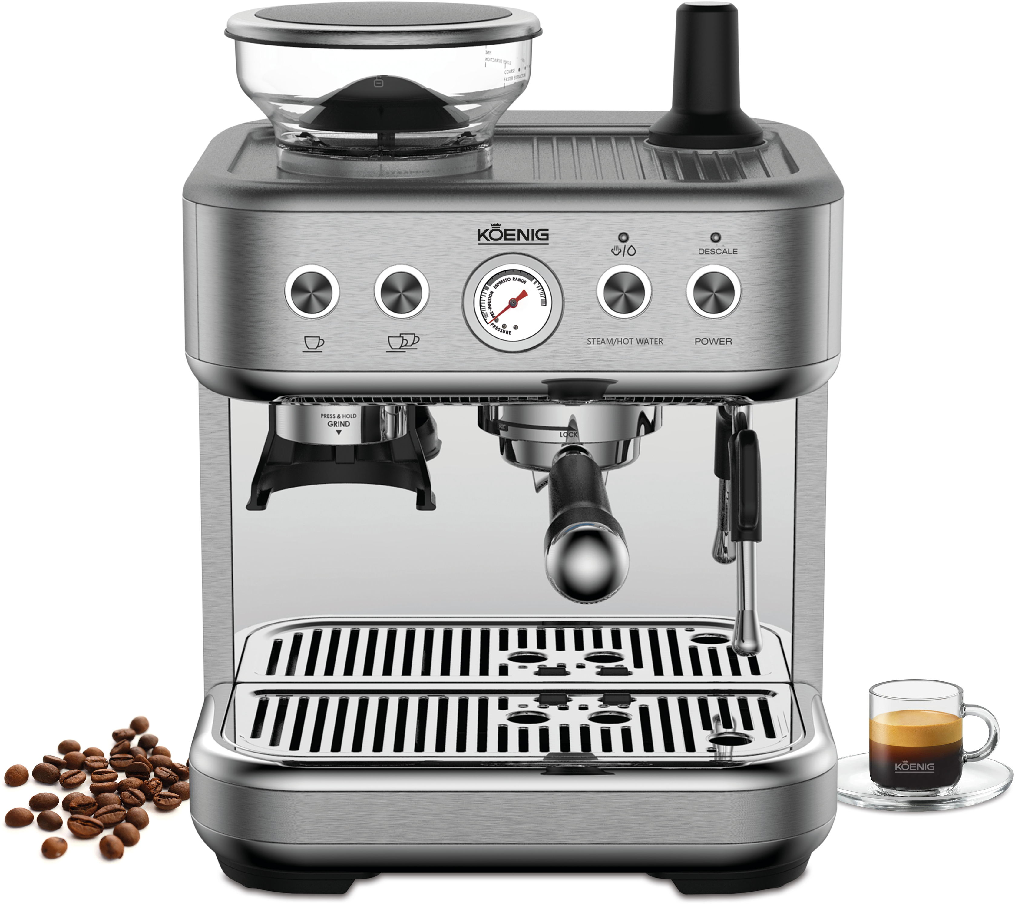 Macchina per caffè espresso in acciaio inossidabile con chicchi di caffè e una tazza di caffè con crema.