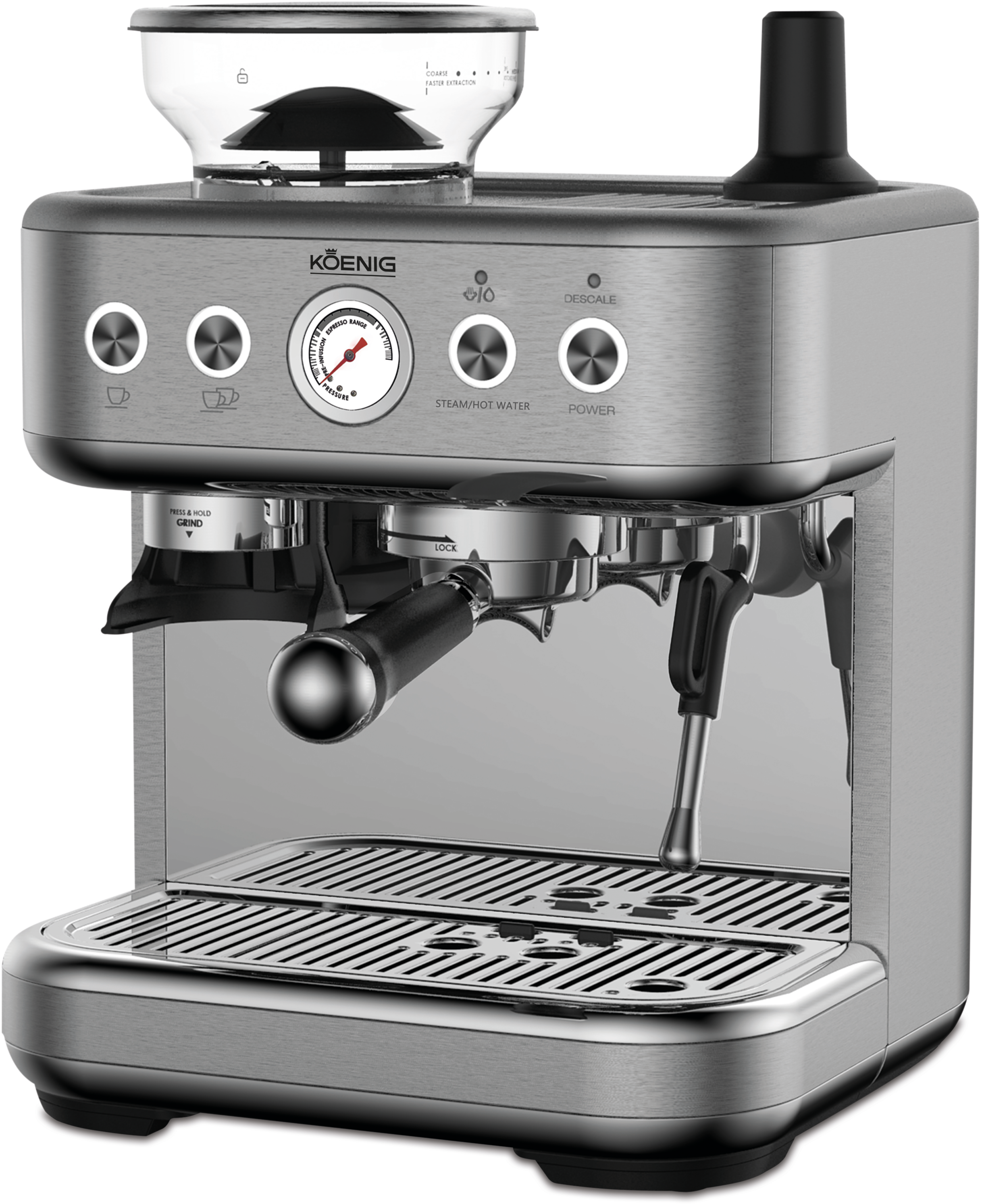 Una macchina da caffè argentata con un contenitore per chicchi trasparente.