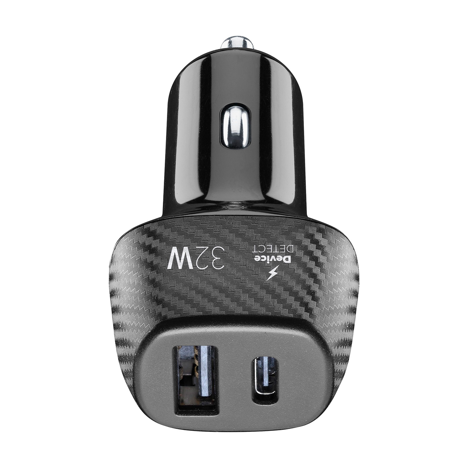 Un caricabatterie per auto nero con due porte USB.