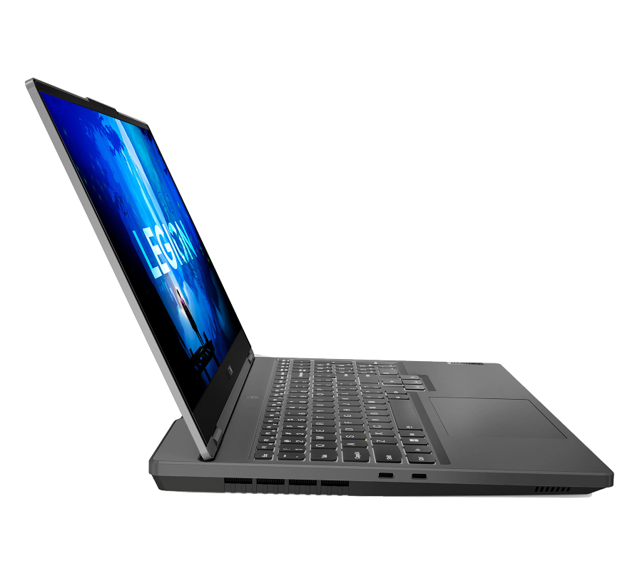 Una laptop gris con la palabra 'LEGION' en la pantalla, en ángulo sobre negro.