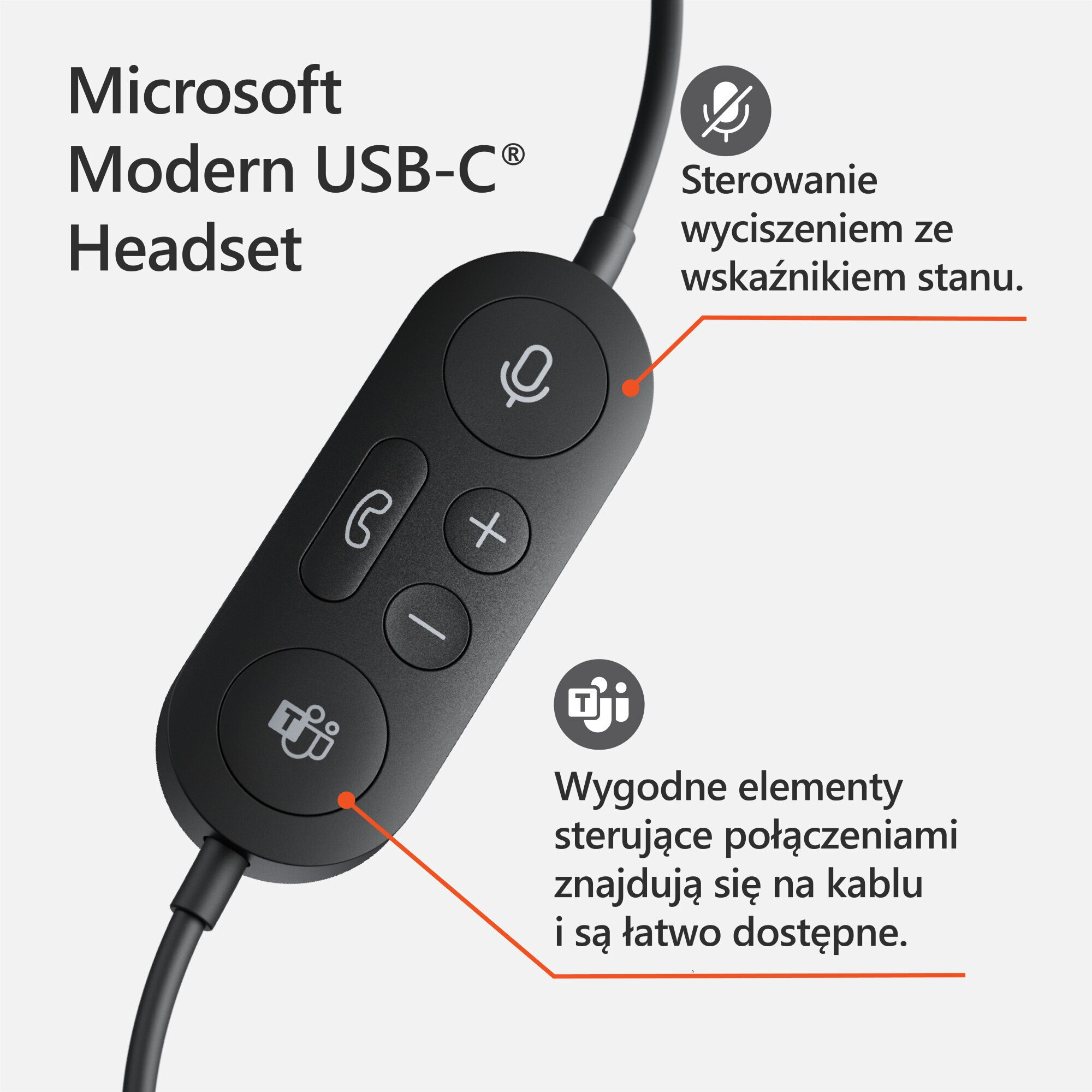 Panel sterowania zestawu słuchawkowego Microsoft Modern USB-C z przyciskami.