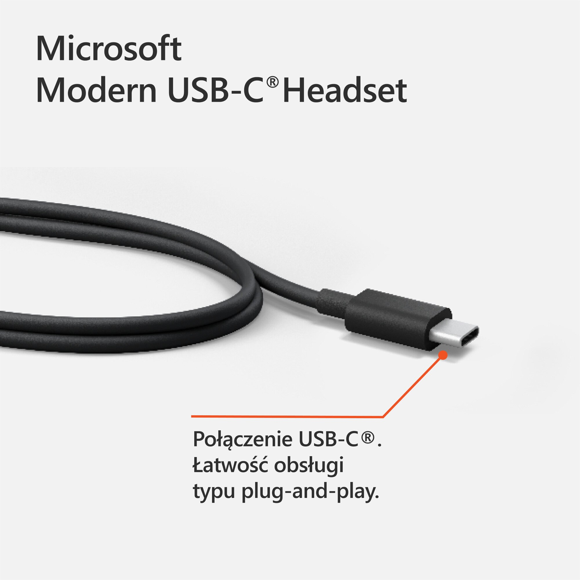 Kabel zestawu słuchawkowego USB-C ze złączem USB-C, z tekstem wskazującym na plug-and-play.