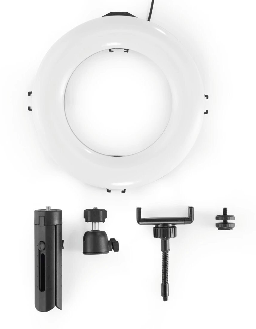 Białe światło pierścieniowe ze statywem, uchwytem na telefon i akcesoriami.